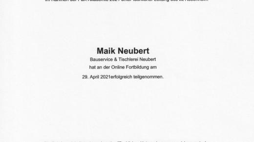 Zertifikat Maik Neubert zum mechanischen Errichter 