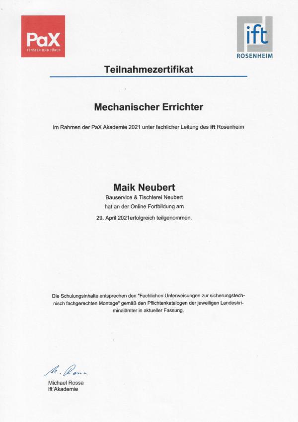 Zertifikat Maik Neubert zum mechanischen Errichter 