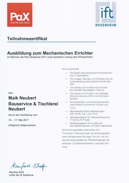 Zertifikat für Ausbildung zum mechanischen Errichter