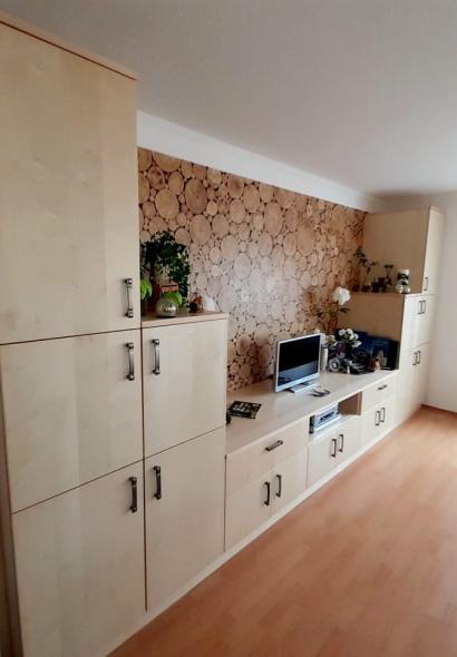 Wandschrank mit Fernseher und Holz-Wandbild 