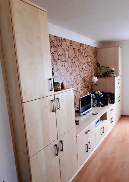 Wandschrank mit Fernseher und Holz-Wandbild (seitliche Ansicht)