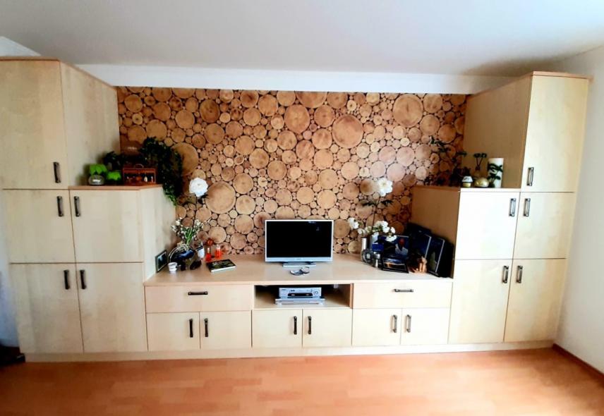 Wandschrank mit Fernseher und Holz-Wandbild (Frontansicht)