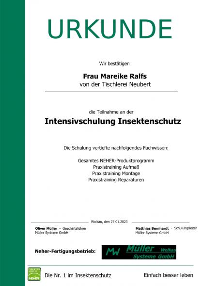 Urkunde Mareike Ralf für Intensivschulung zu Insektenschutz 