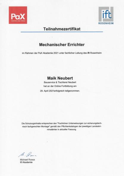 Zertifikat Maik Neubert zum mechanischen Errichter 